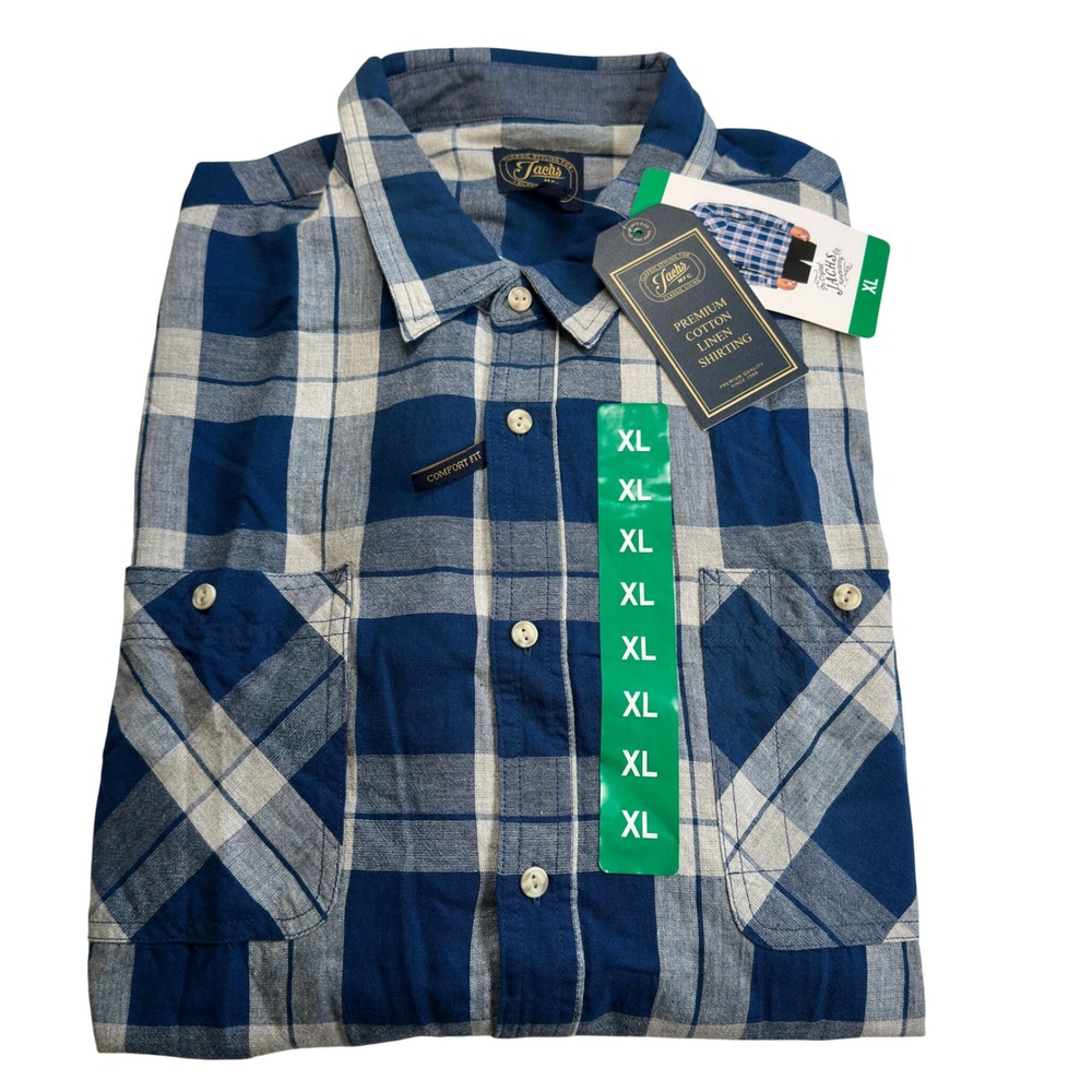 Jachs NY Shirt Mens XL Blue White Plaid Cotton Linen Long Sleeve Button Up NEW